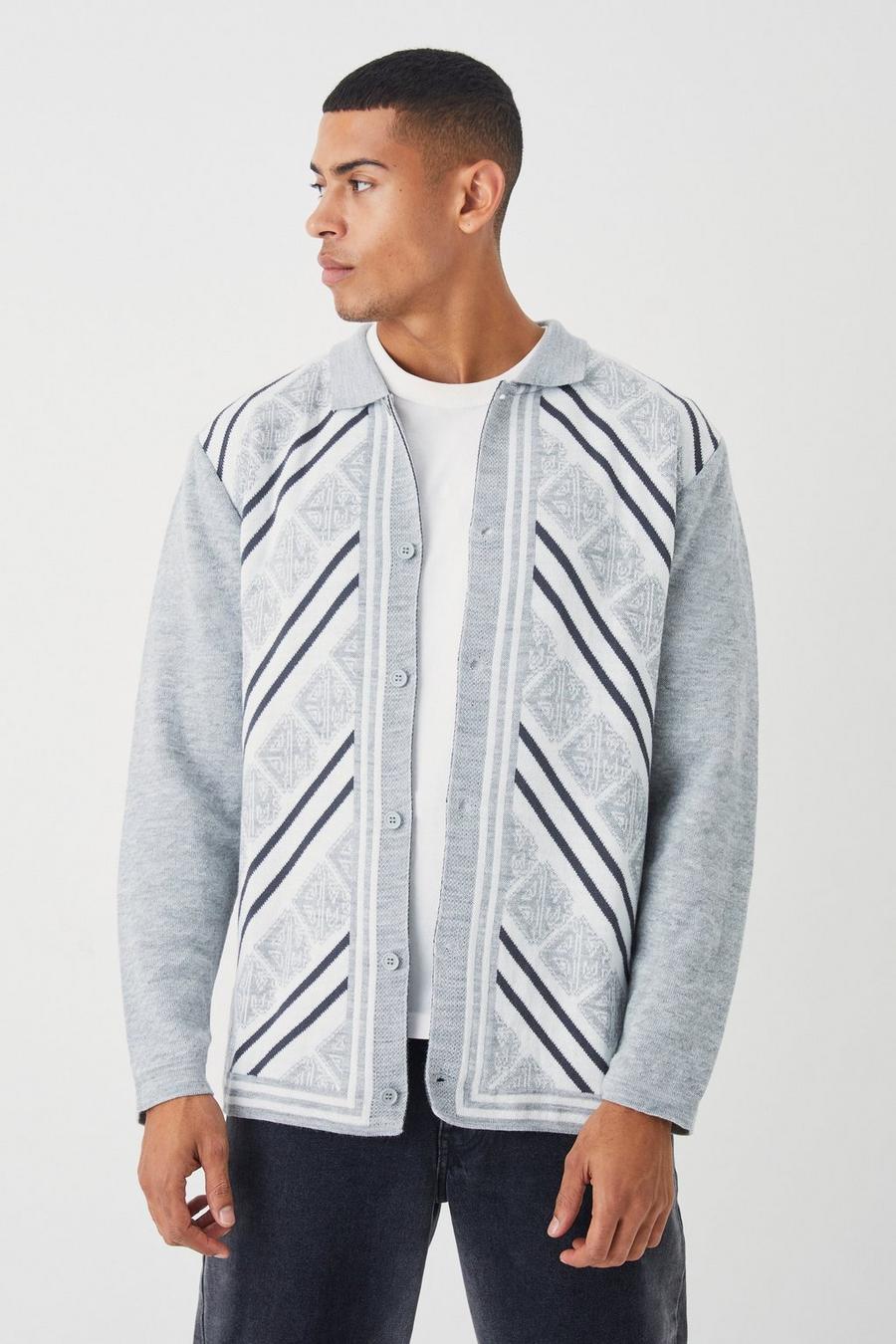 Camicia a maniche lunghe in maglia in jacquard a coste con colletto, Grey image number 1