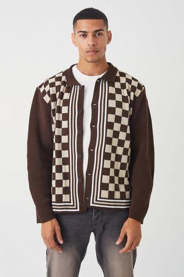 Oversized Long Sleeve Checkerboard Knit Shirt chocolate