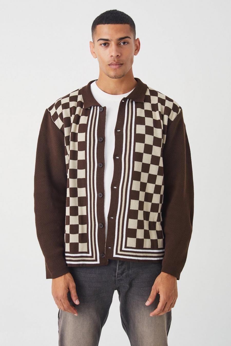 Chocolate brown Oversized Long Sleeve Checkerboard Knit Shirt