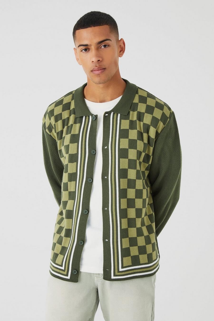 Green Oversized Long Sleeve Checkerboard Knit Shirt image number 1