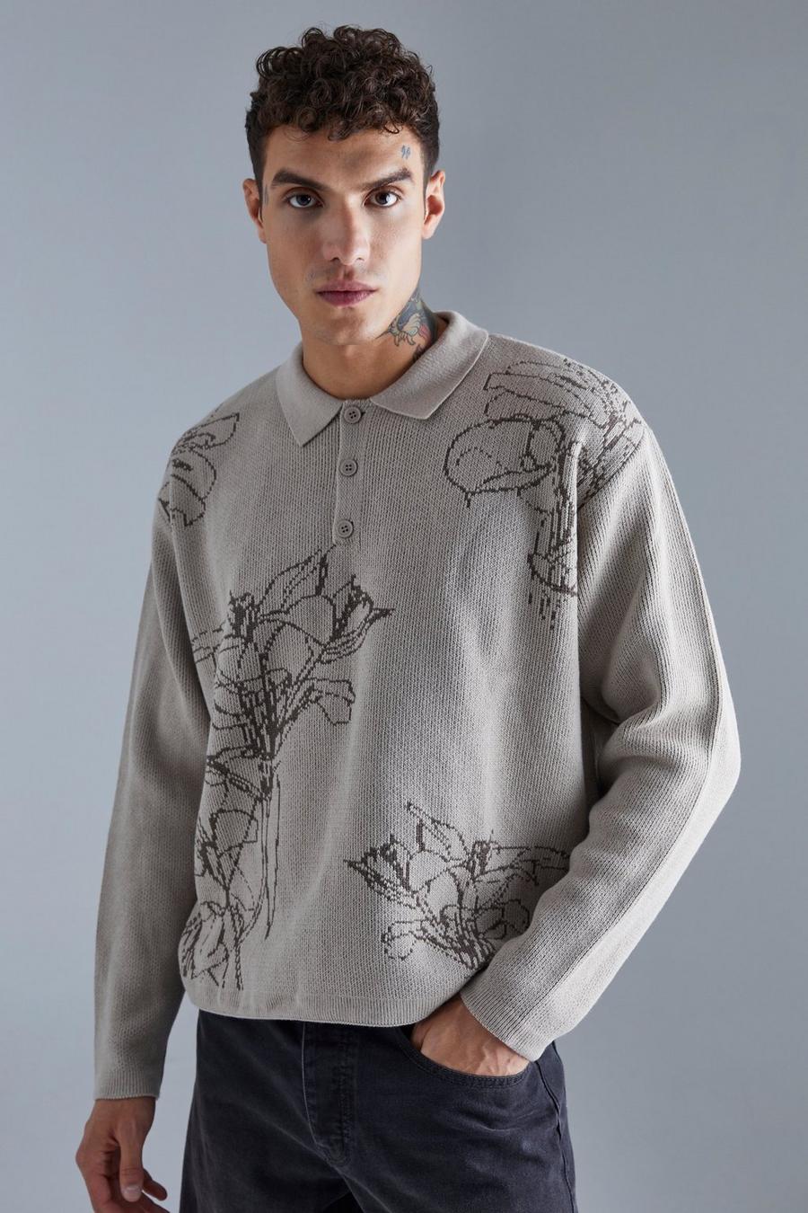 Taupe beige Long Sleeve Oversized Floral Knit Polo image number 1