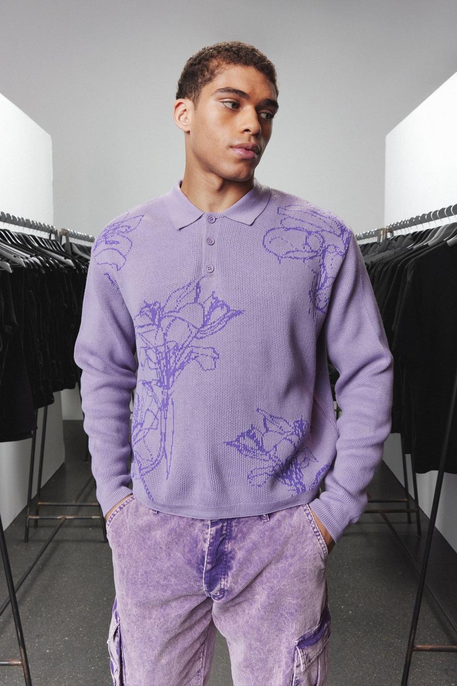 Purple lila Long Sleeve Oversized Floral Knit Polo image number 1