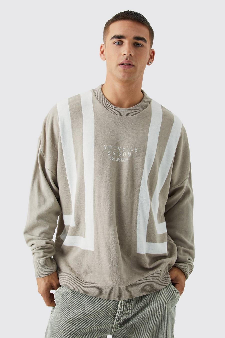 Taupe Oversize tröja med blockfärger och låg axelsöm image number 1
