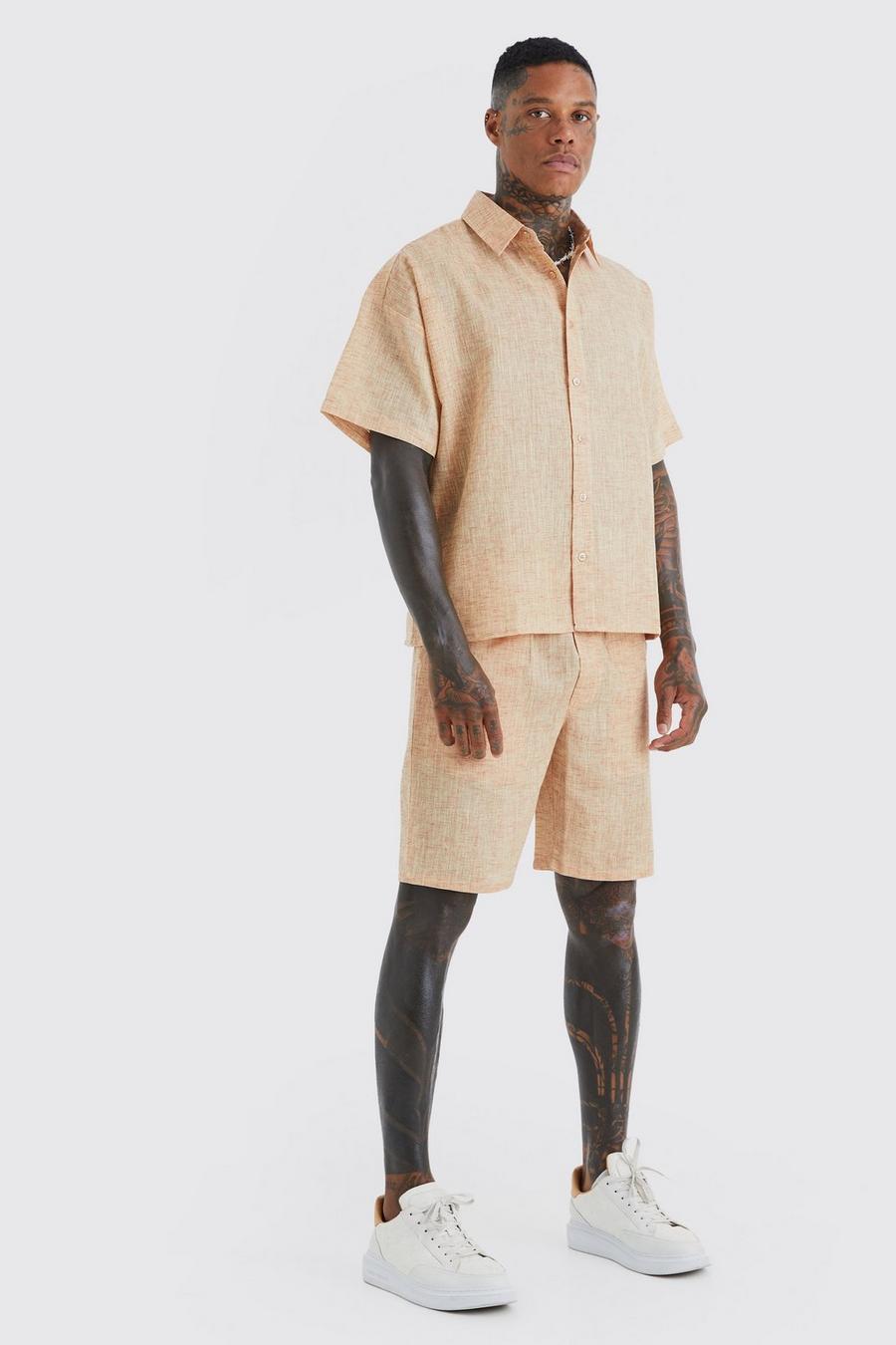 Pantalón corto y camisa recta efecto lino de manga corta, Chocolate image number 1