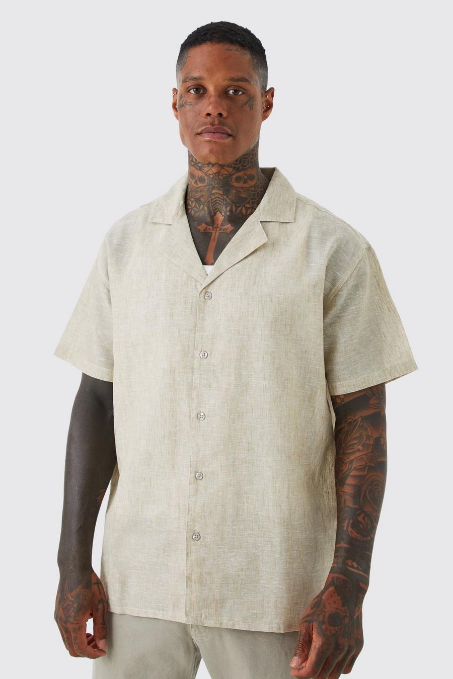 Camisa oversize efecto lino de manga corta con solapas, Natural