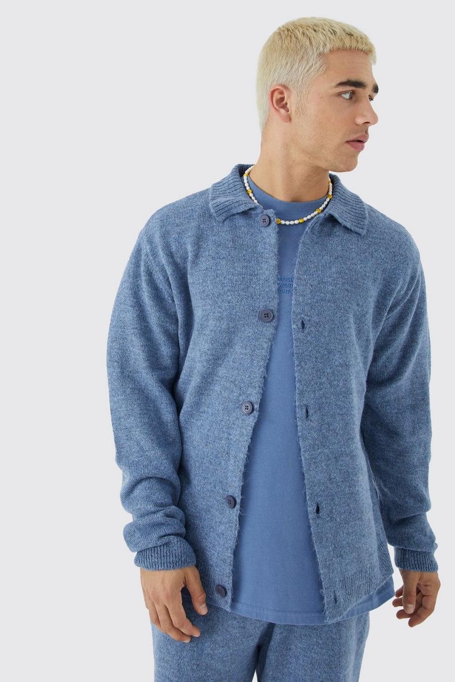 Blue Brushed Knitted Collared Cardigan image number 1