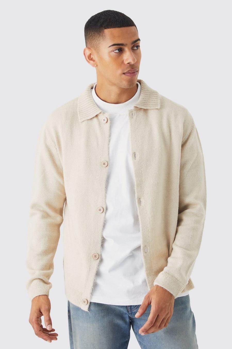 Stone beige Brushed Knitted Collared Cardigan