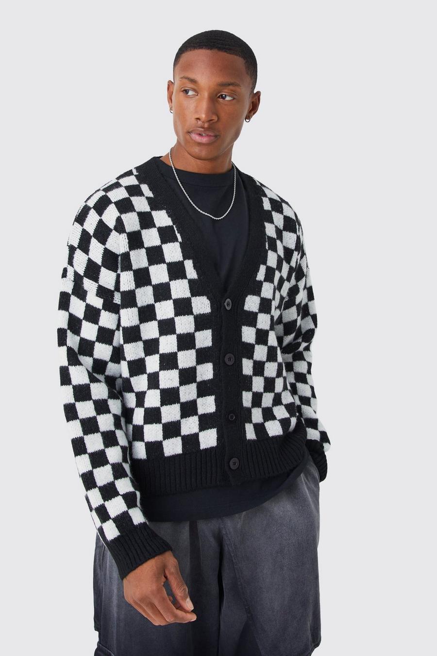 Black Boxy Oversized Checkerboard Cardigan