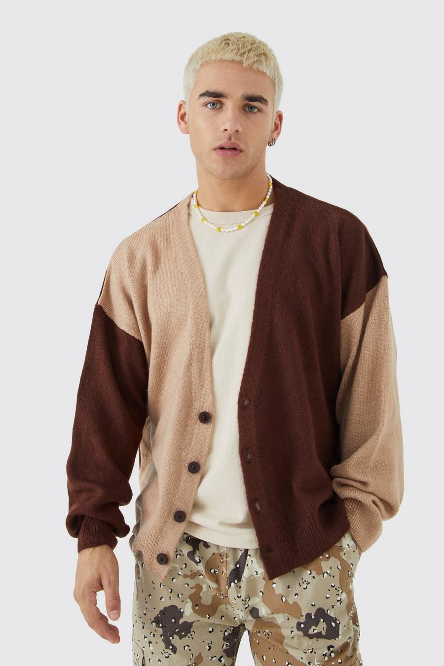 Brown Oversized Boxy Spliced Brushed Cardigan image number 1