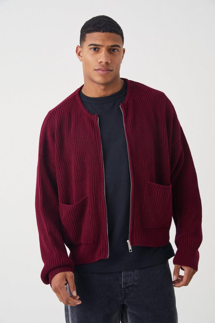 Burgundy Oversized Pleated Knitted Bomber image number 1