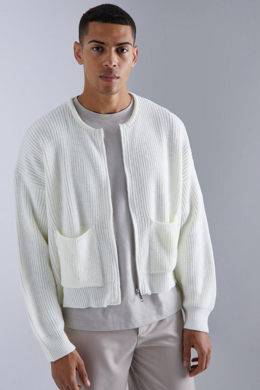 Ecru Oversized Pleated Knitted Bomber image number 1