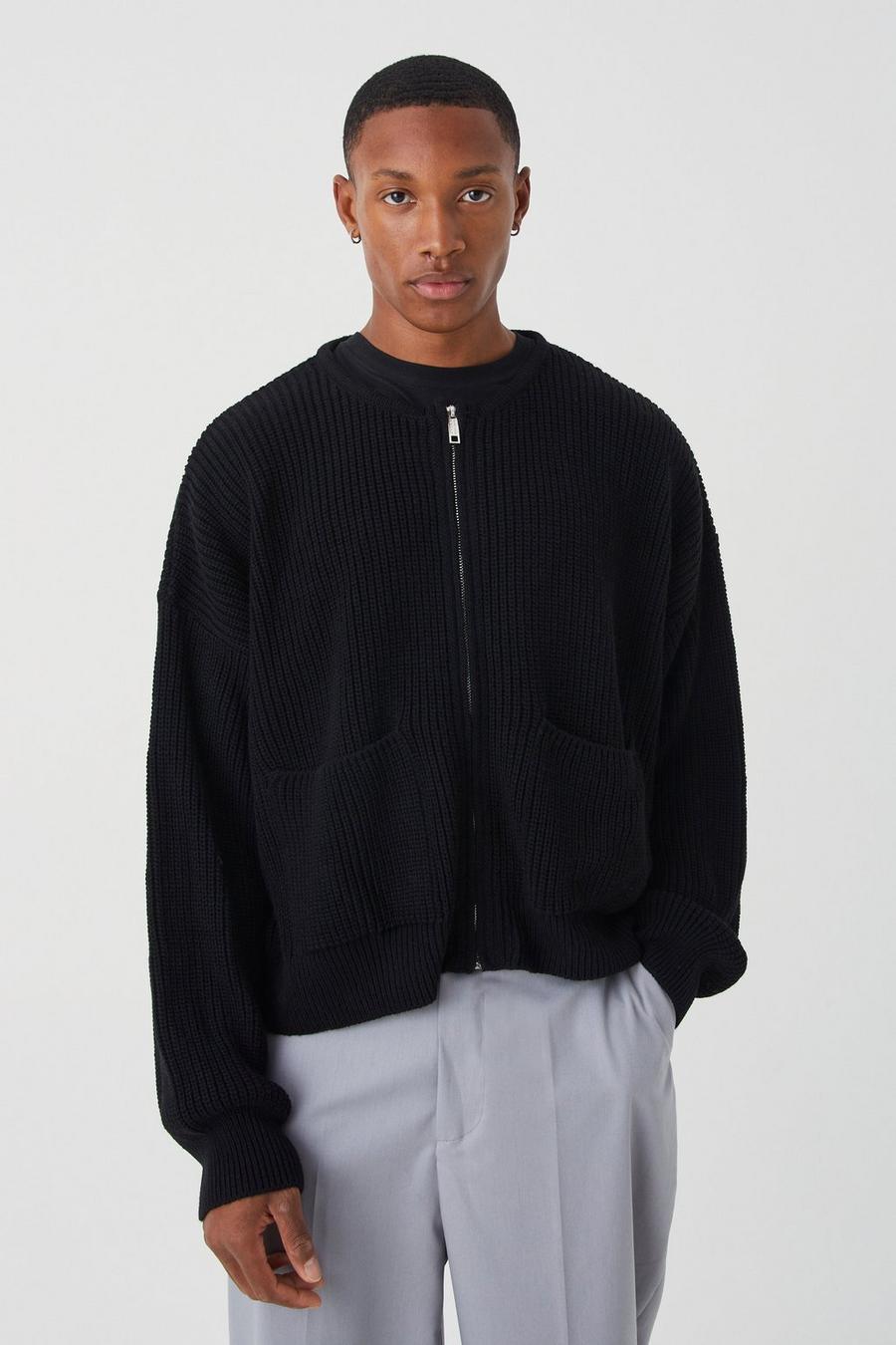 Black Oversized Pleated Knitted Bomber image number 1