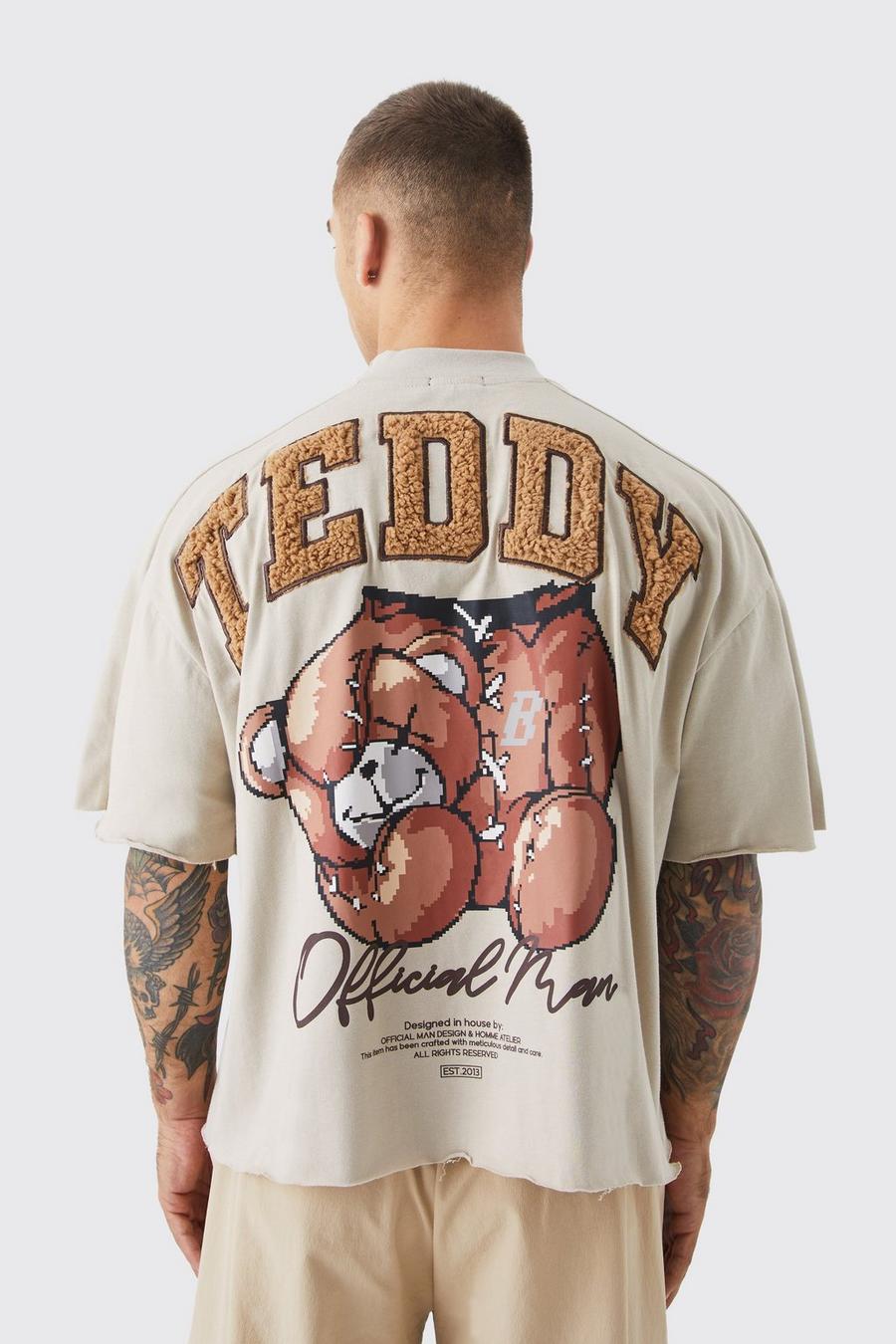 T-shirt squadrata oversize pesante in pile borg con grafica Teddy, Beige image number 1