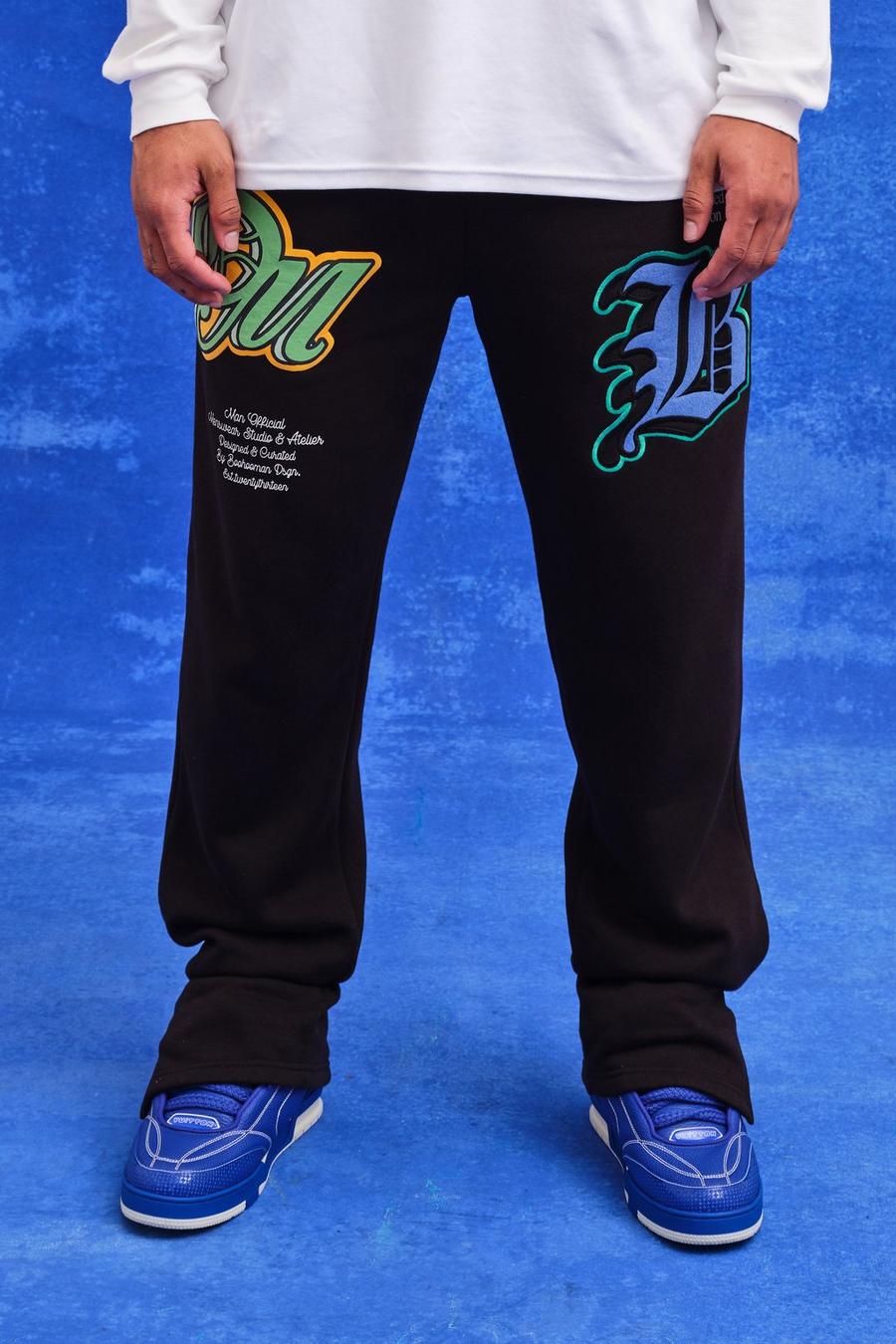 Pantalón deportivo de equipo universitario con abertura en el bajo y emblema B, Black