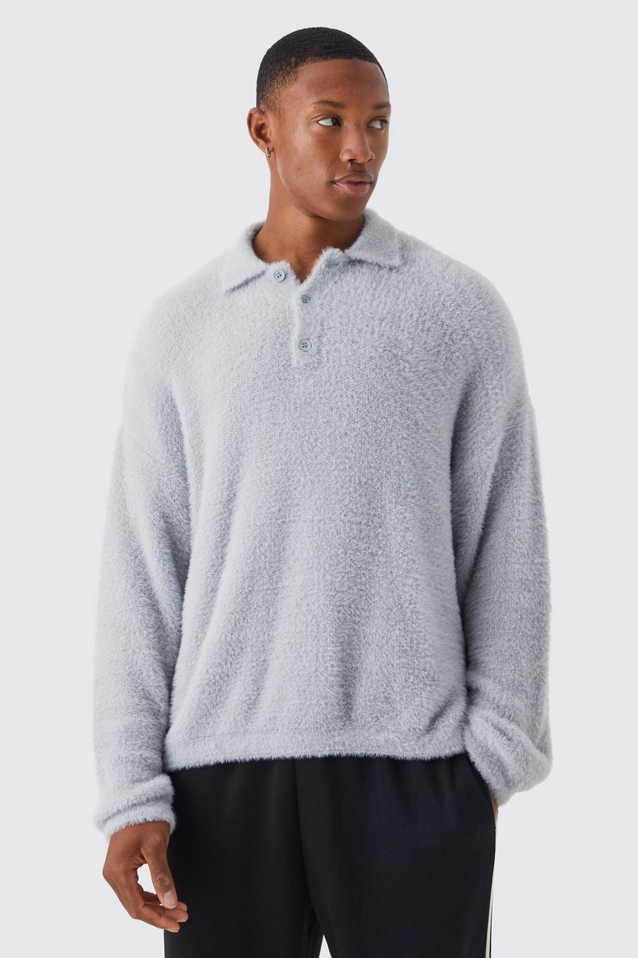 Light grey Boxy Fluffy Knitted Polo