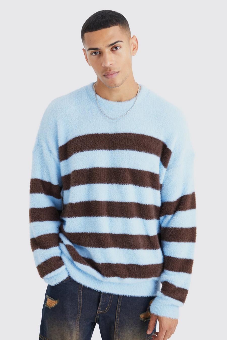 Flauschiger Oversize Pullover mit Streifen, Pale blue