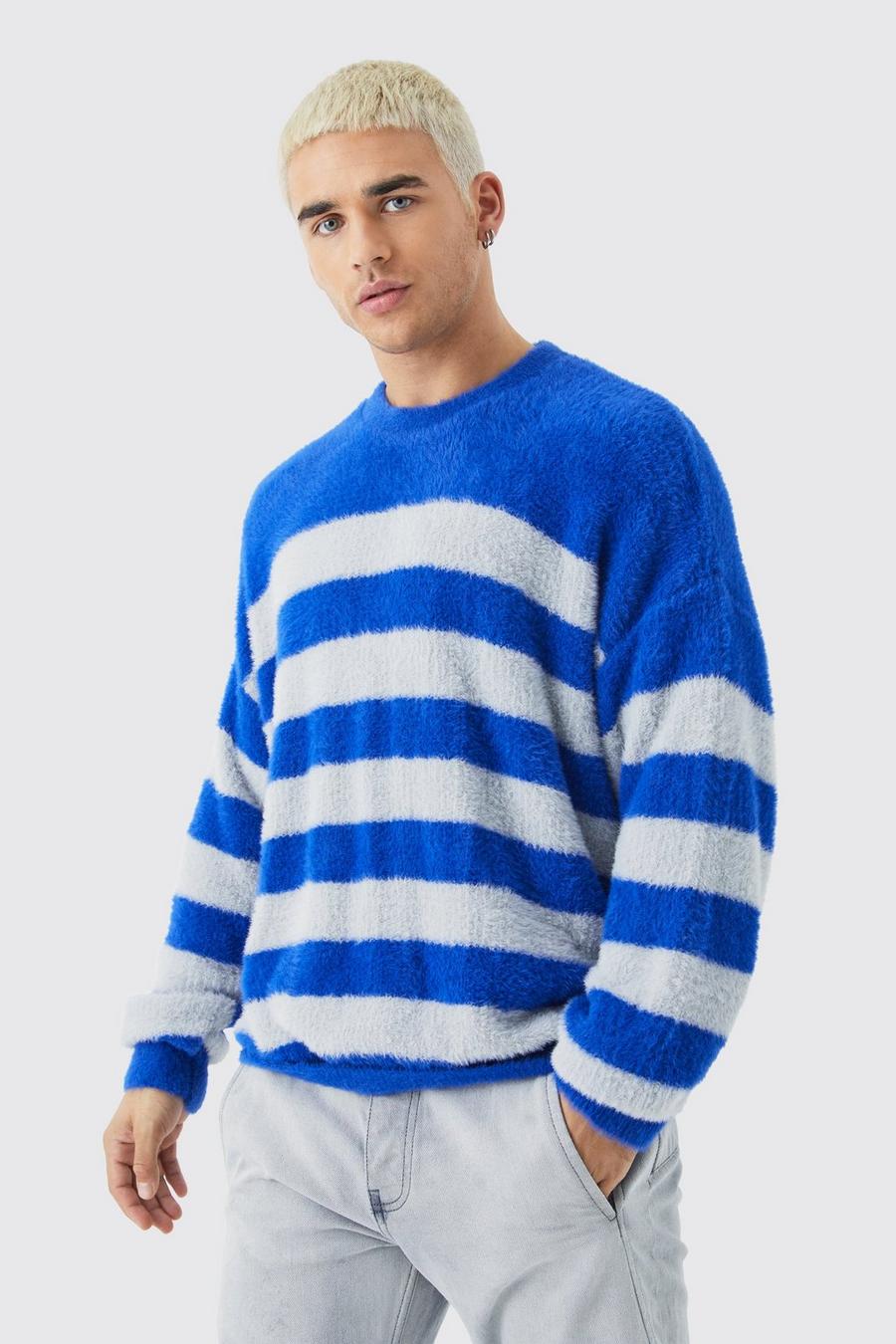 Flauschiger Oversize Pullover mit Streifen, Cobalt image number 1