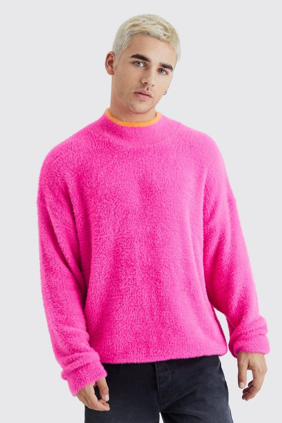 Maglione oversize morbido con collo a imbuto e righe a contrasto, Hot pink image number 1