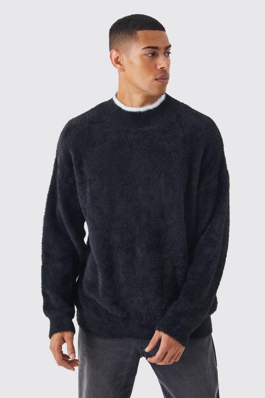 Black Oversized Fluffy Funnel Neck Jumper With Tipping image number 1