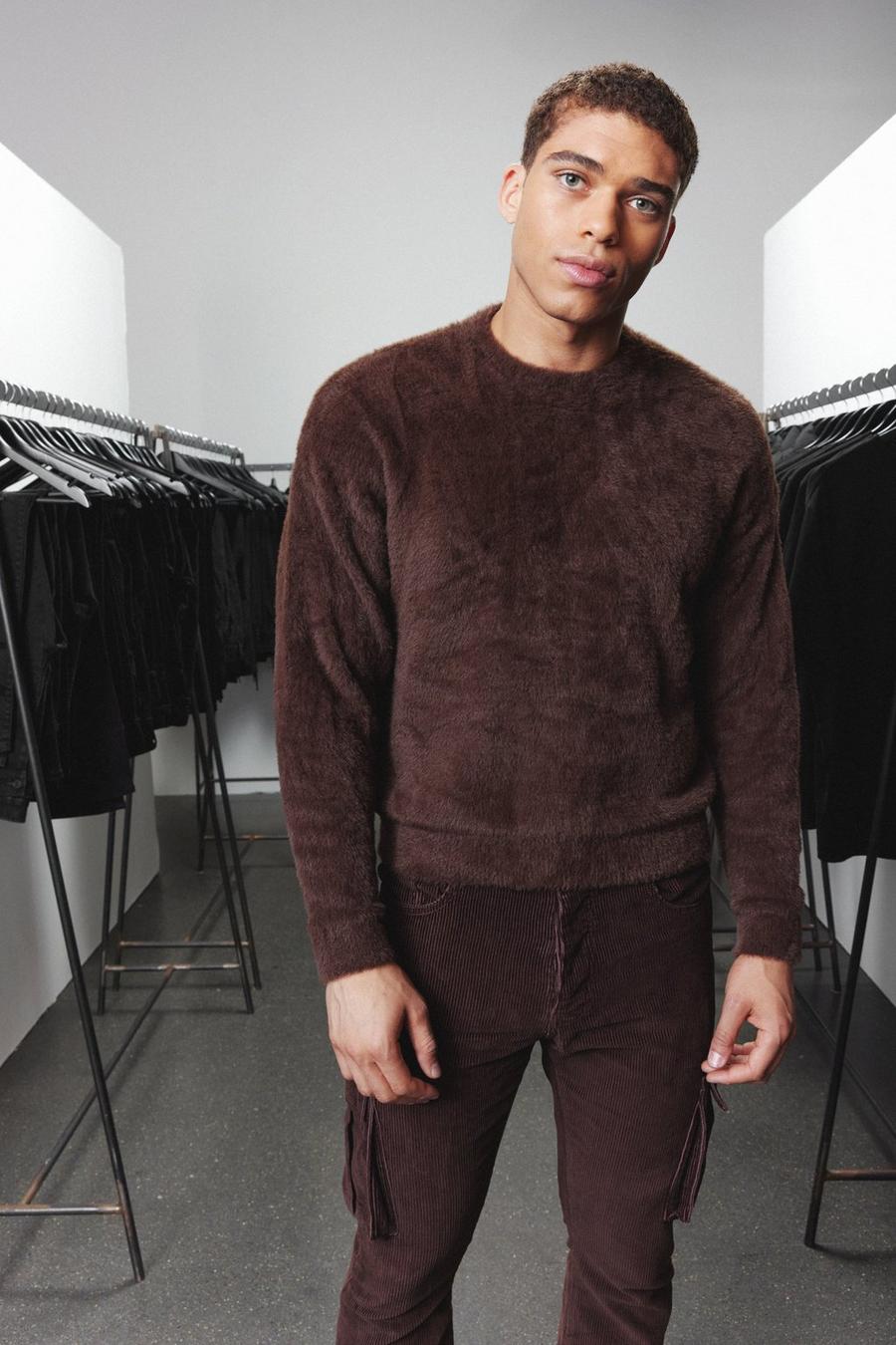 Chocolate Boxy Crew Neck Fluffy Knitted Jumper image number 1