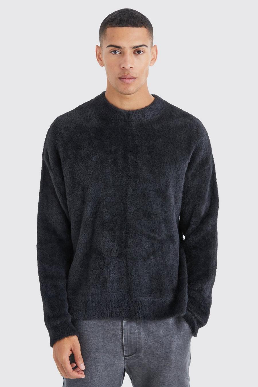 Black Boxy Crew Neck Fluffy Knitted Sweater