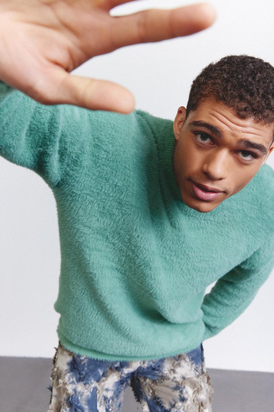 Sage green Oversized Crew Neck Fluffy Knitted Jumper
