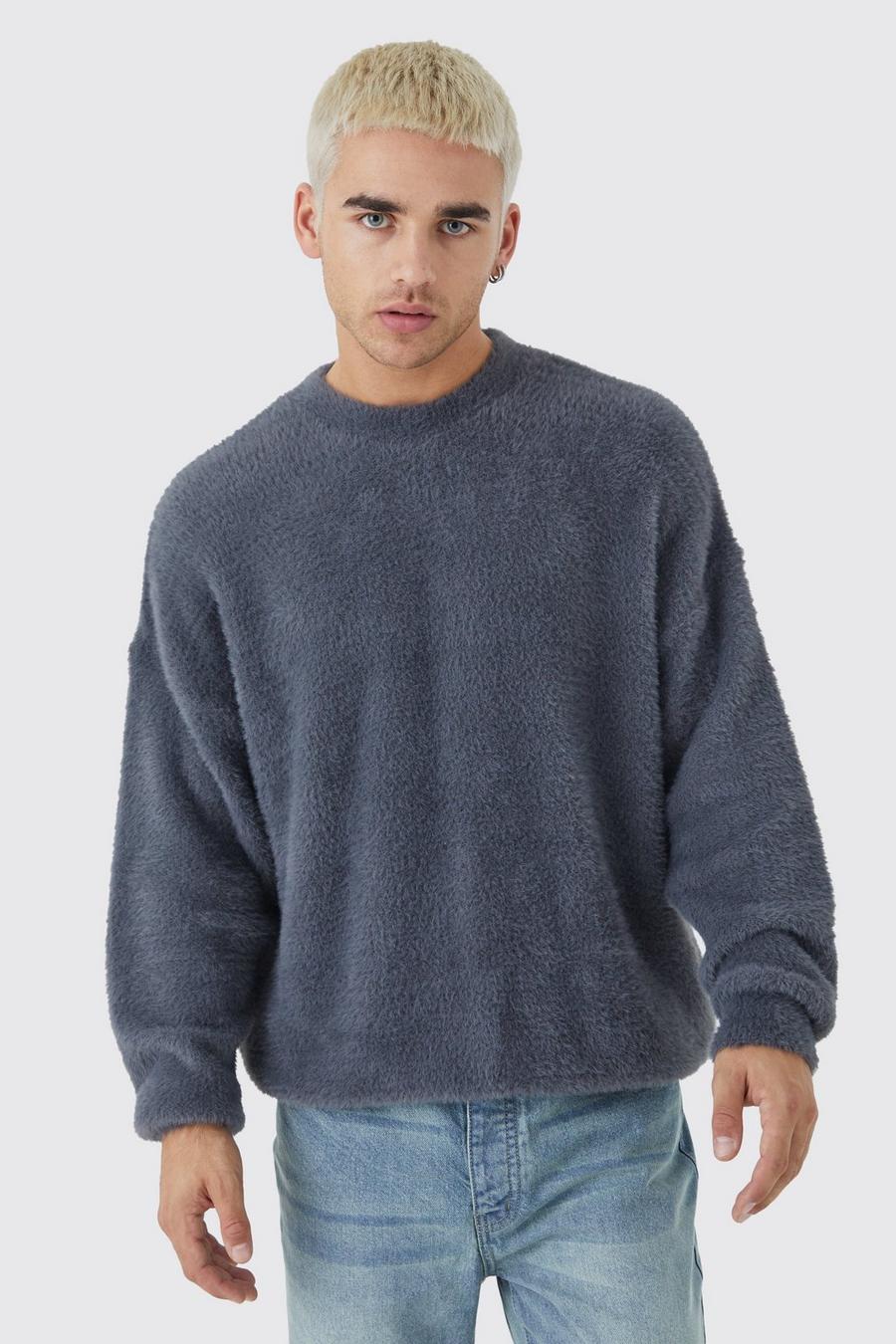 Flauschiger Oversize Rundhals-Pullover, Charcoal
