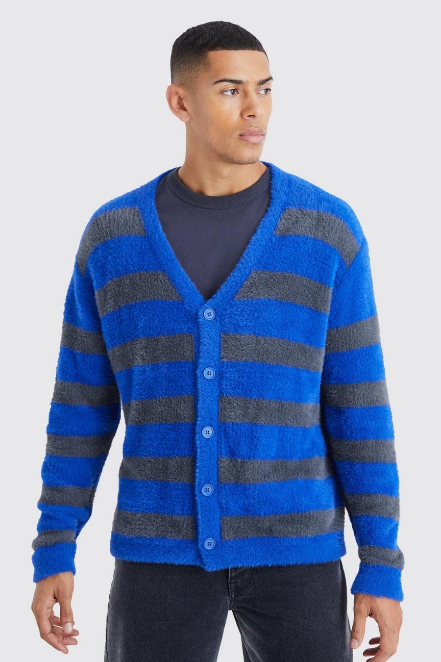 Flauschiger Oversize Cardigan mit Streifen, Cobalt blue