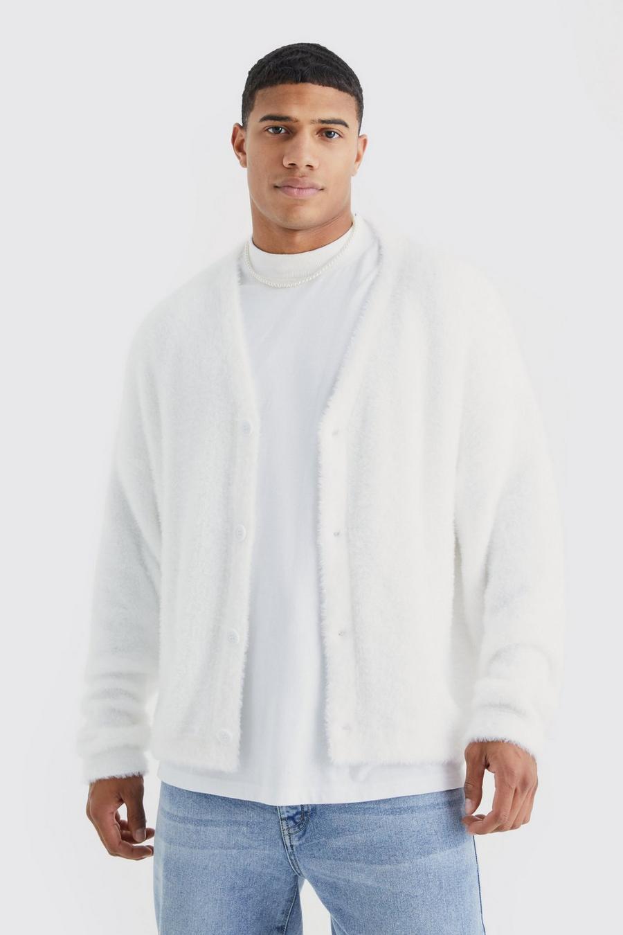 Ecru white Oversize stickad cardigan i fluffig modell