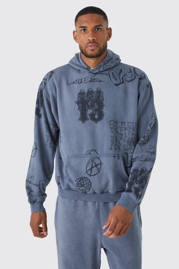 Charcoal Grey Tall Oversized Boxy Washed Graffiti Hoodie