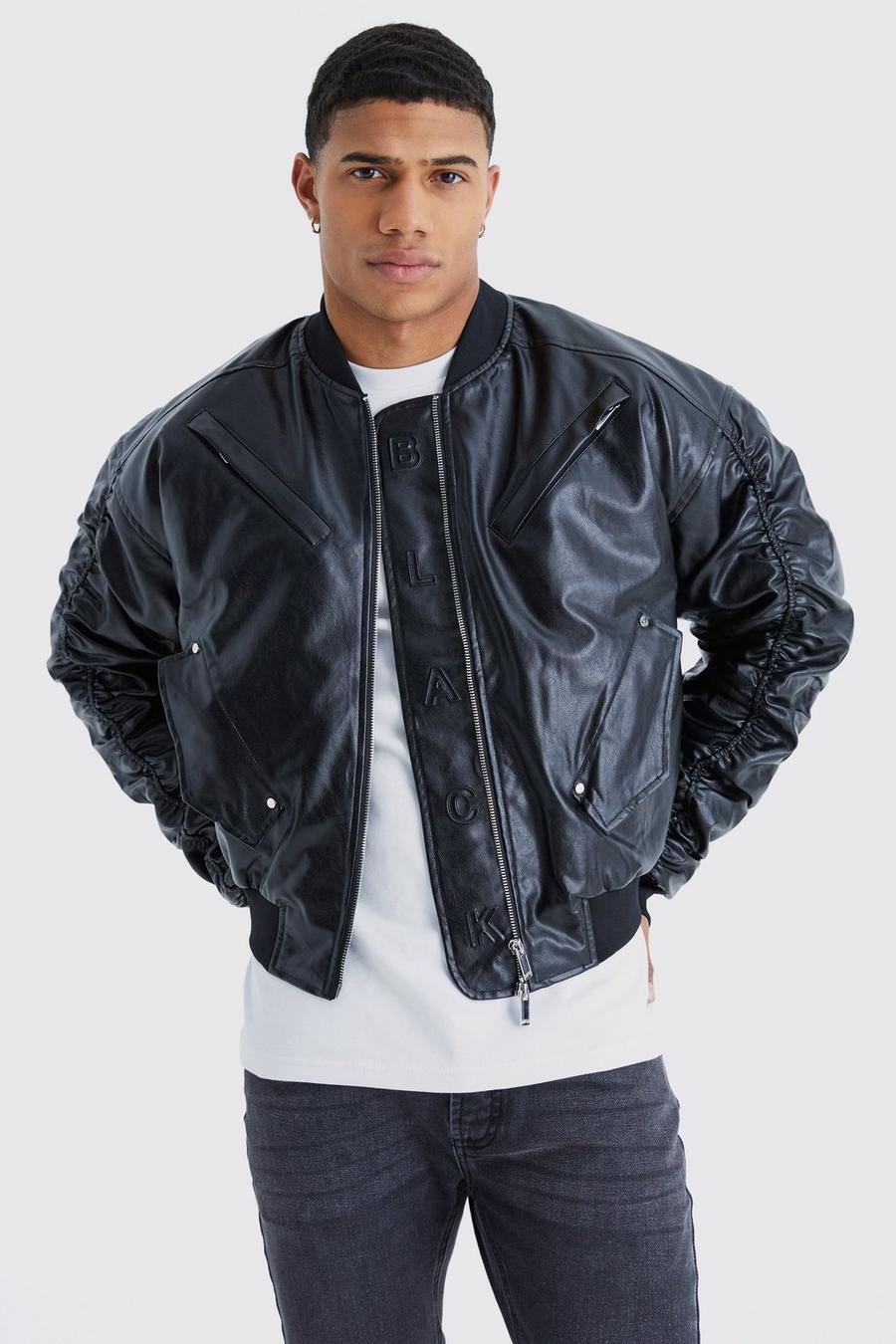 Black Boxy Embossed Pu Bomber With Ruching  image number 1