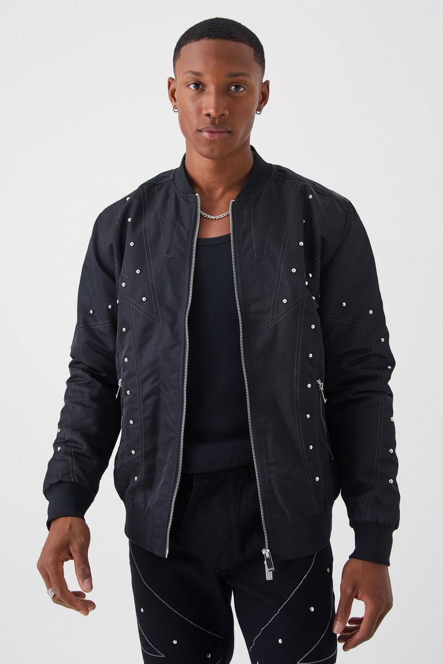 Black Nylon Studded Bomber With Contrast Stitch image number 1