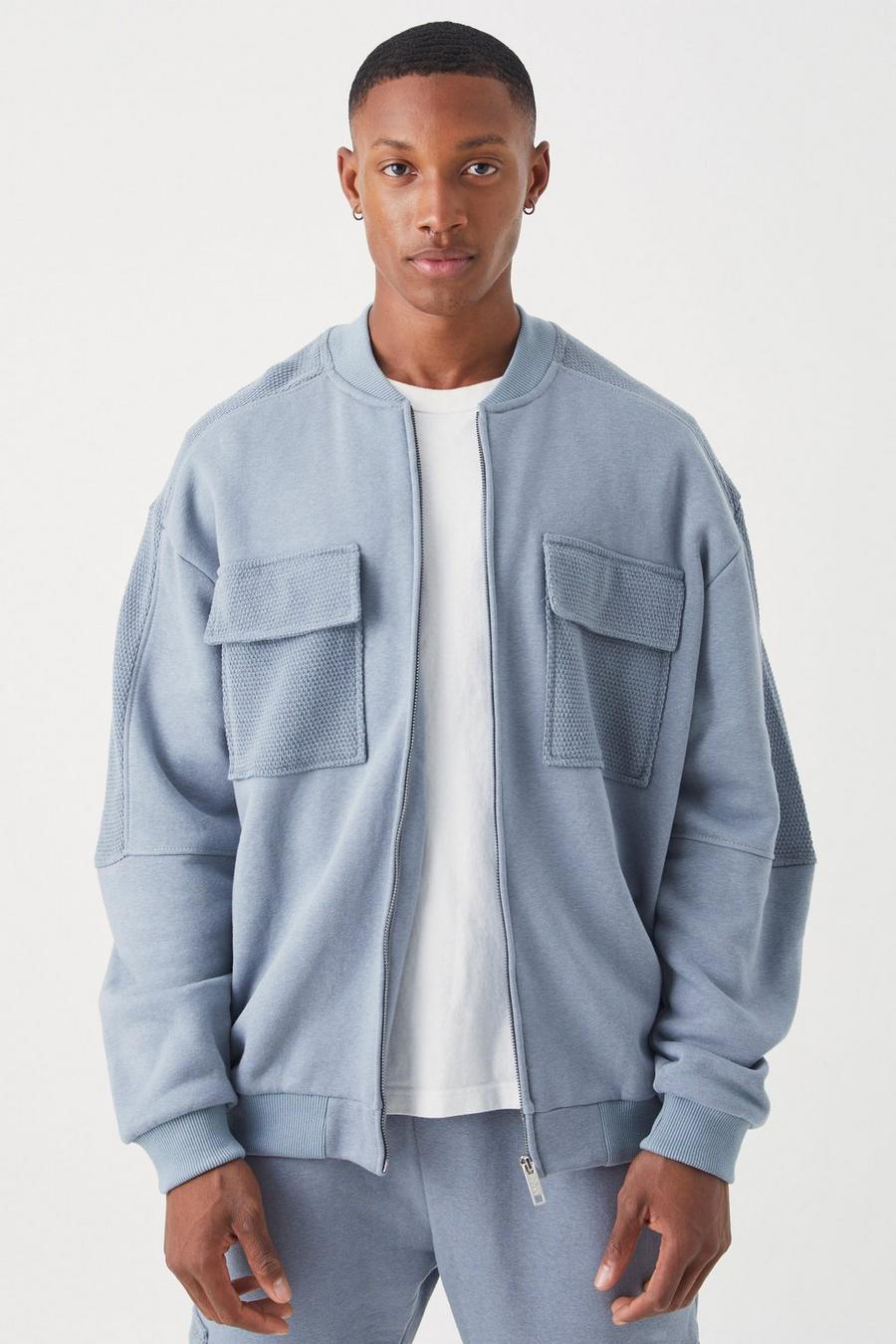 Grey Oversized Boxy Textured Pocket sweater Jacket