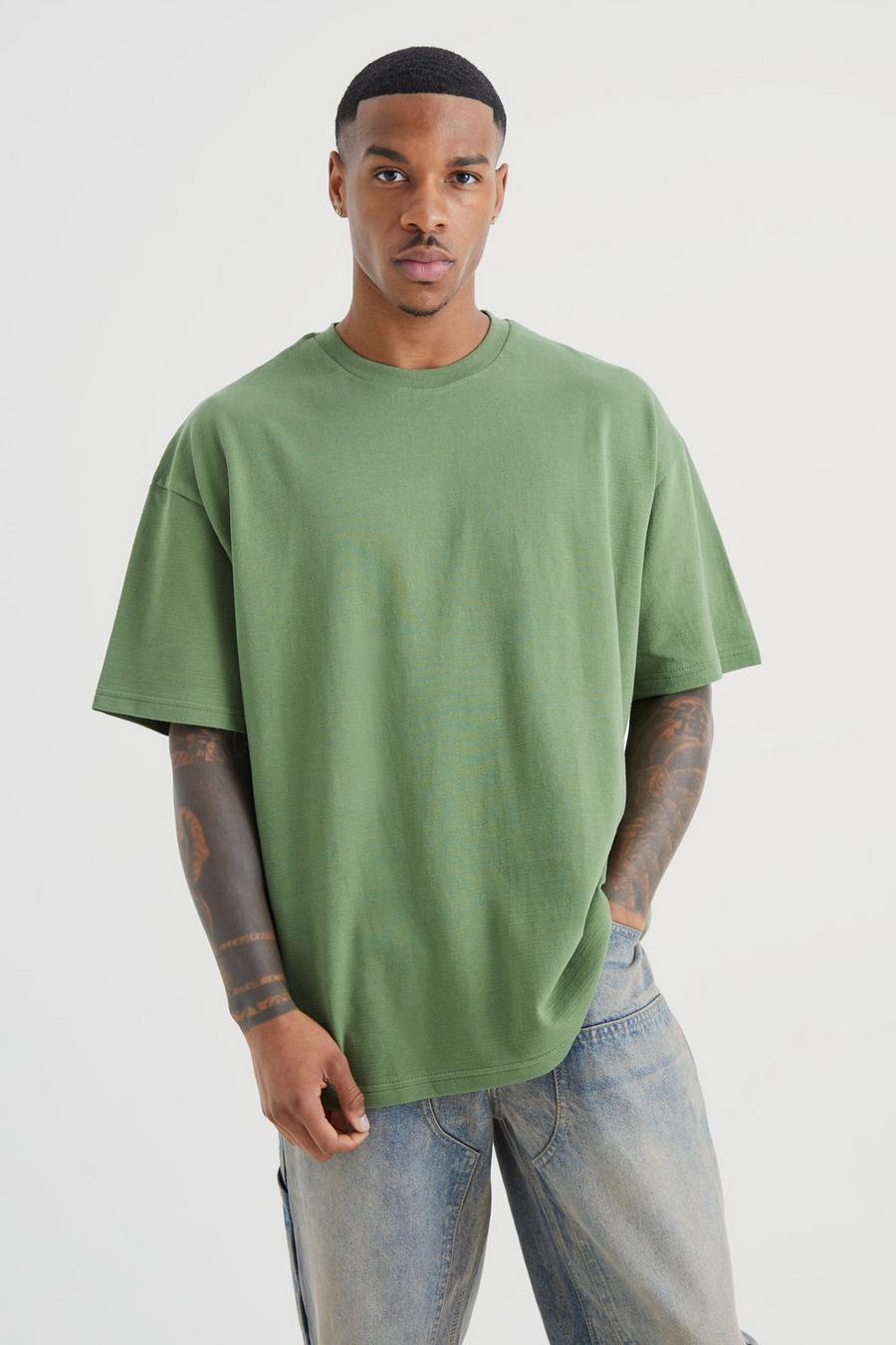 T-shirt oversize in tessuto fiammato con trama, Olive image number 1