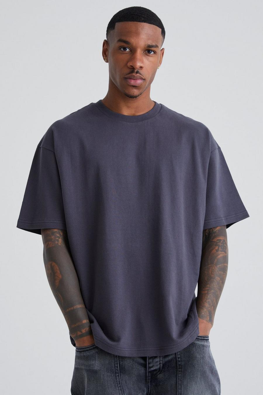 Charcoal grey Oversized Slub T-Shirt Met Textuur