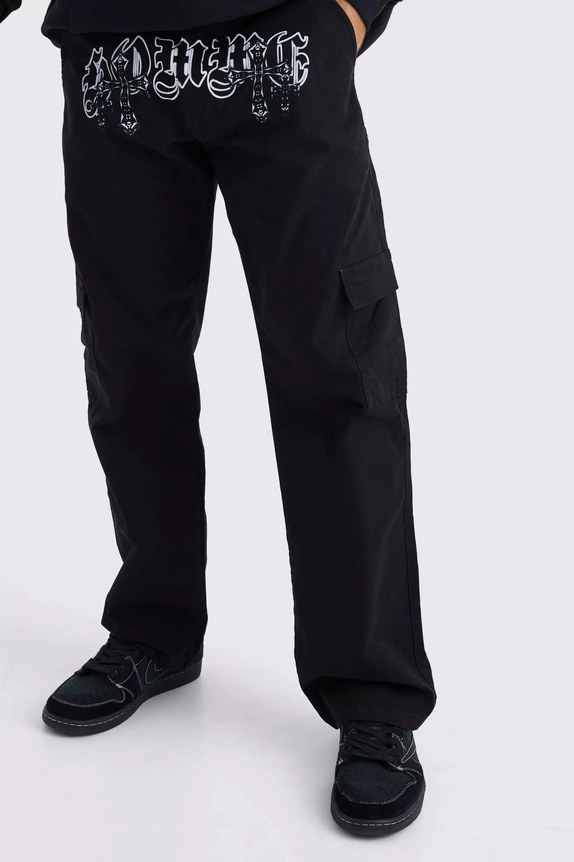 Black Relaxed Cross Print Crotch Print Cargo Trouser alternative image