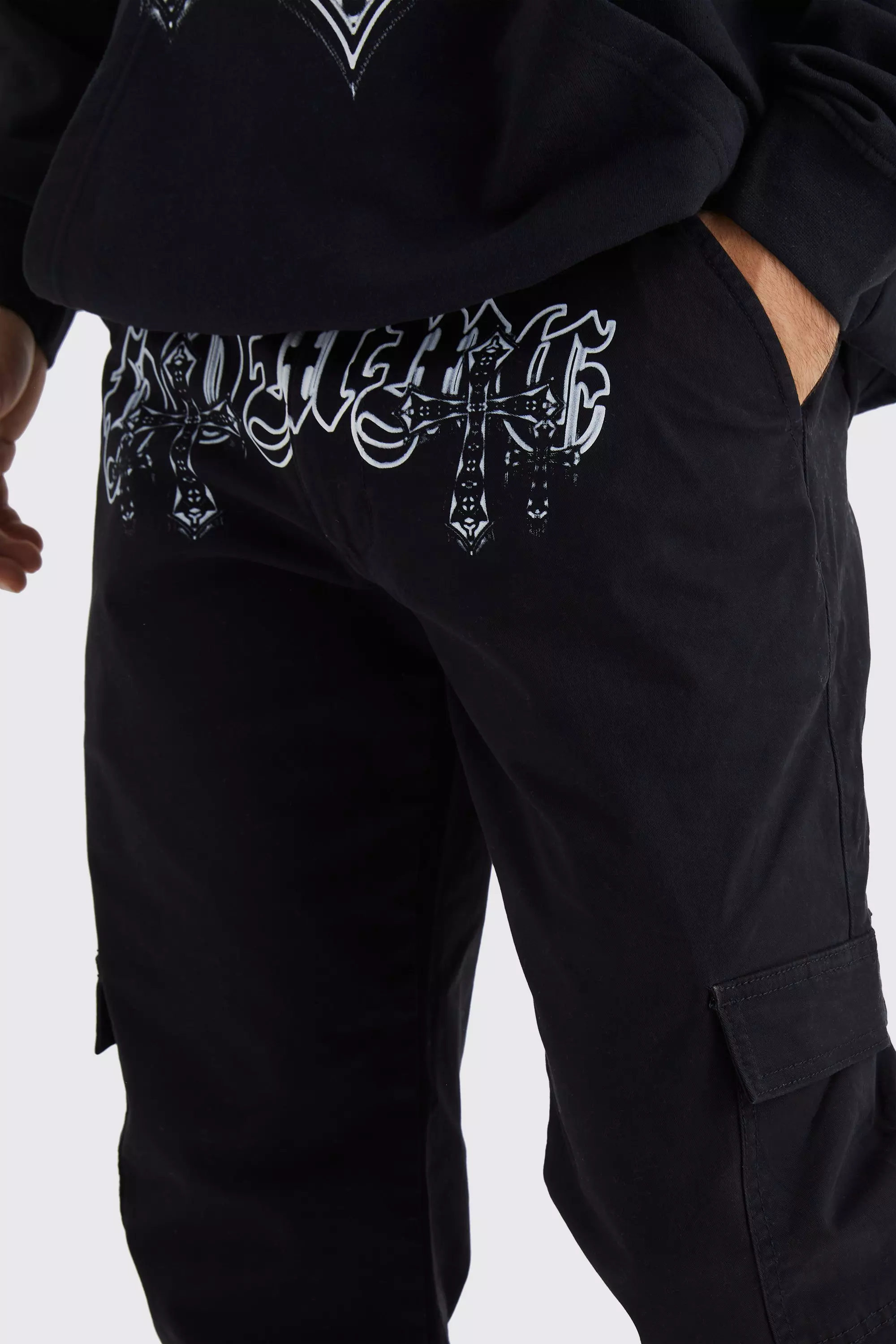 Black Relaxed Cross Print Crotch Print Cargo Trouser alternative image