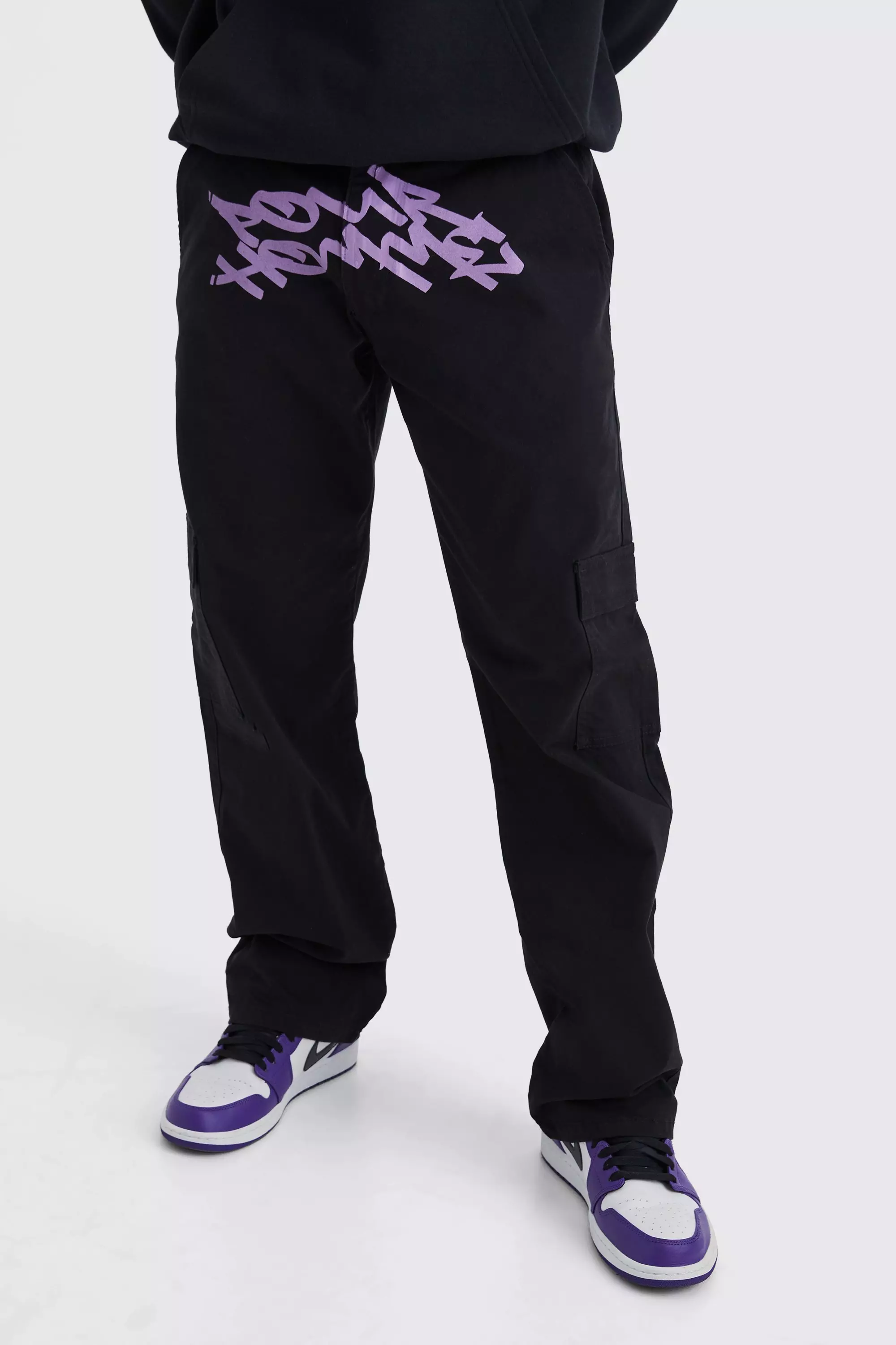 Black and purple cargo clearance pants