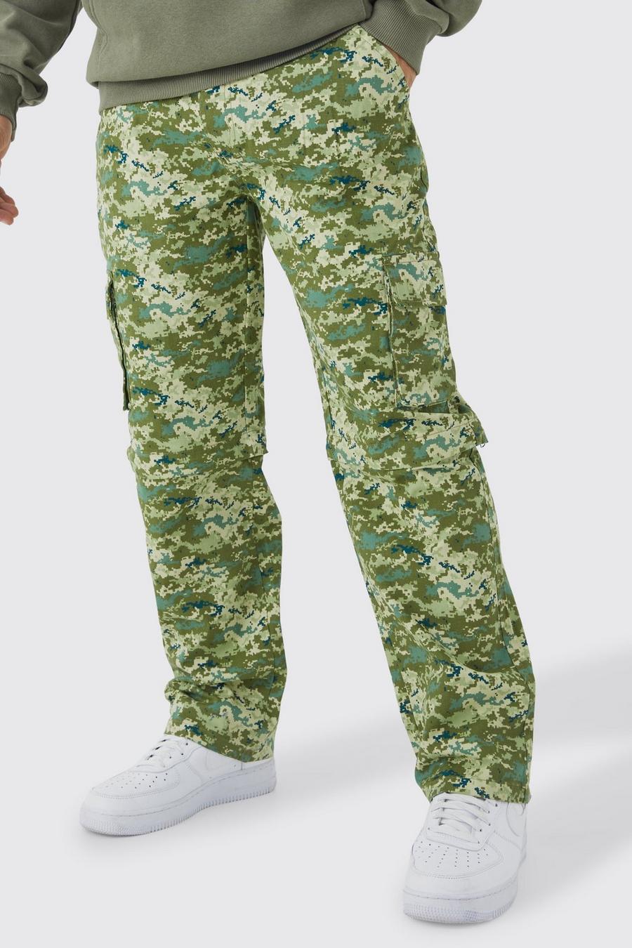 Pantaloni Cargo rilassati in fantasia militare con zip e vita fissa, Khaki
