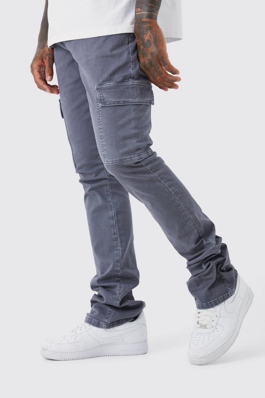 Pantaloni Cargo Skinny Fit sovratinti a zampa con pieghe sul fondo, Charcoal image number 1