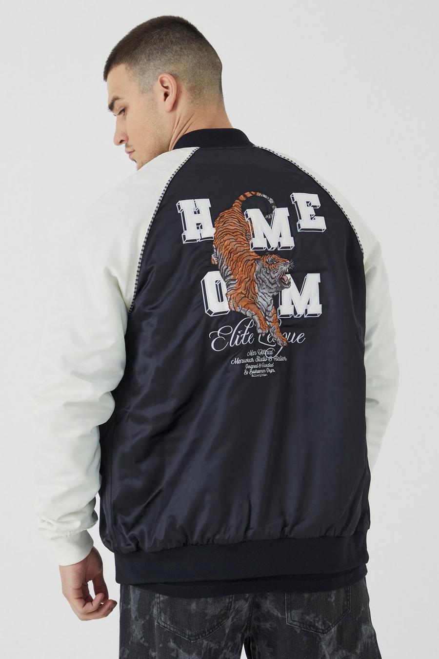 Black Tall Satin Souvenir Bomber With Embroidery image number 1