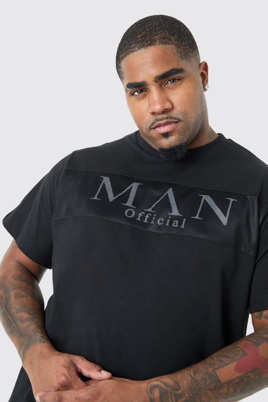 Plus Man Slim-Fit T-Shirt mit reflektierendem Mesh-Overlay, Black image number 1