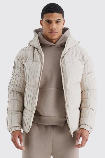 Stone Beige Pleated Puffer With Hood