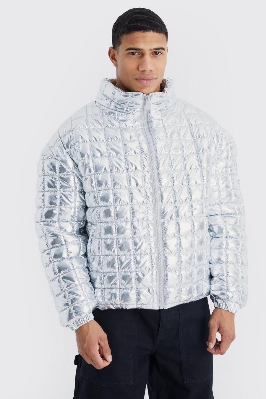Silver Boxy Metallic Funnel Neck Bubble Puffer image number 1