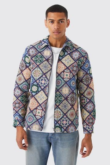 Long Sleeve Zip Through Diamond Tapestry Shirt Jacket multi