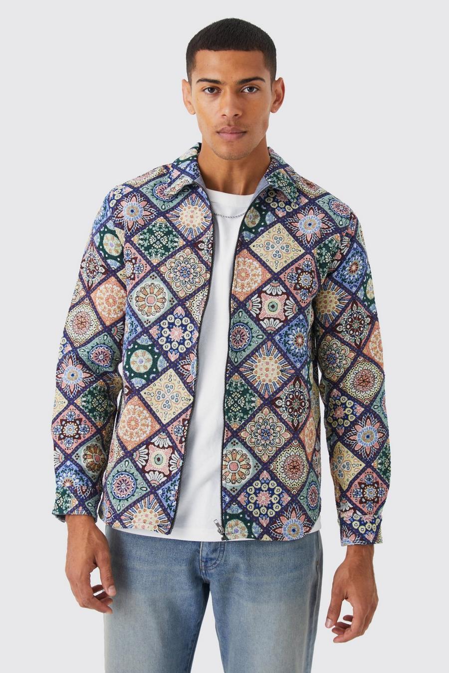 Multi Long Sleeve Zip Through Diamond Tapestry Overshirt image number 1