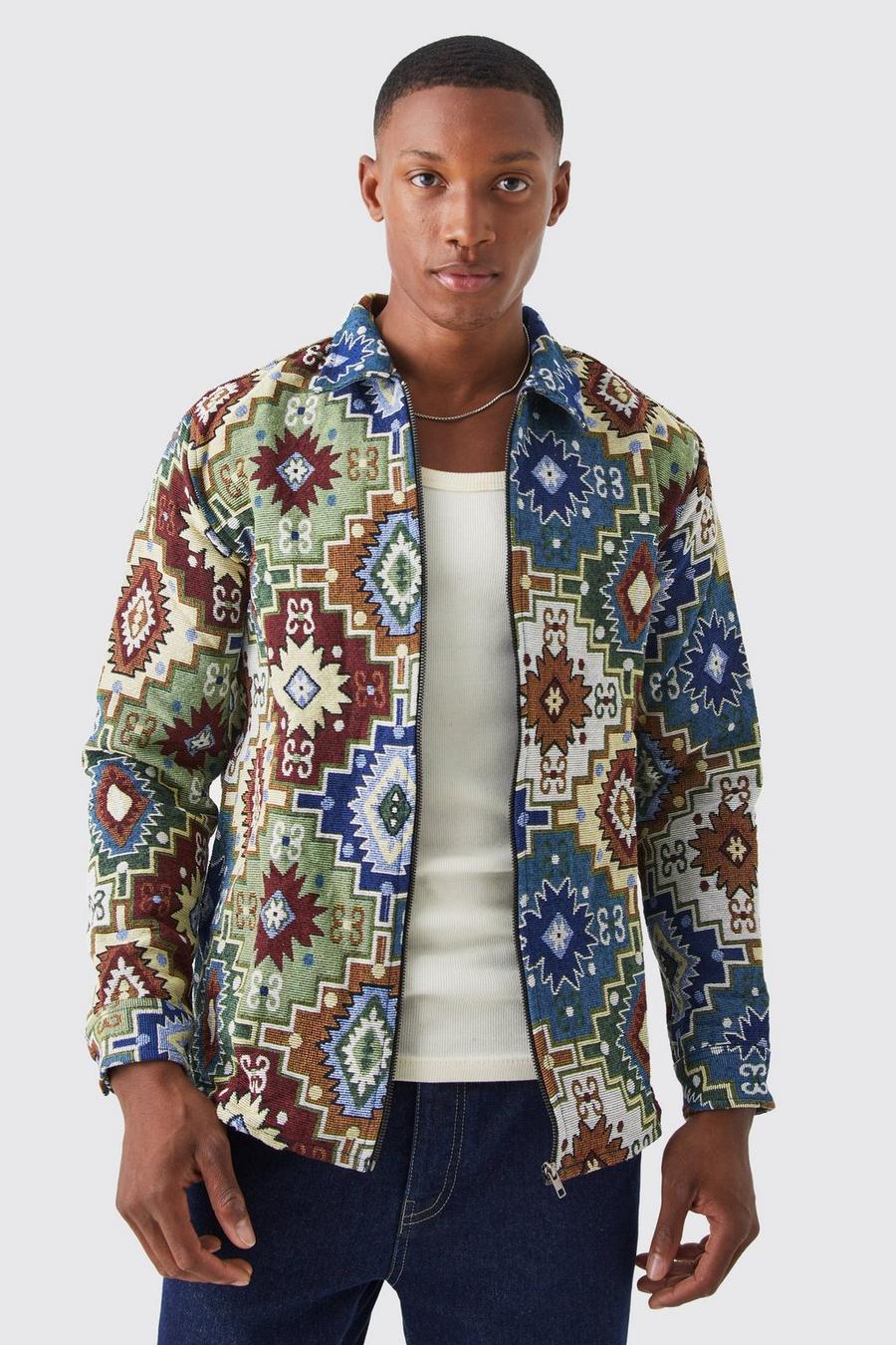 Multi Long Sleeve Zip Through Patterned Tapestry Overshirt
