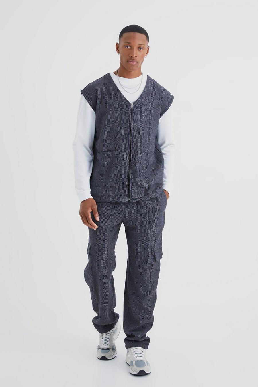 Charcoal Herringbone Utility  Vest And Cargo Trouser Set  image number 1