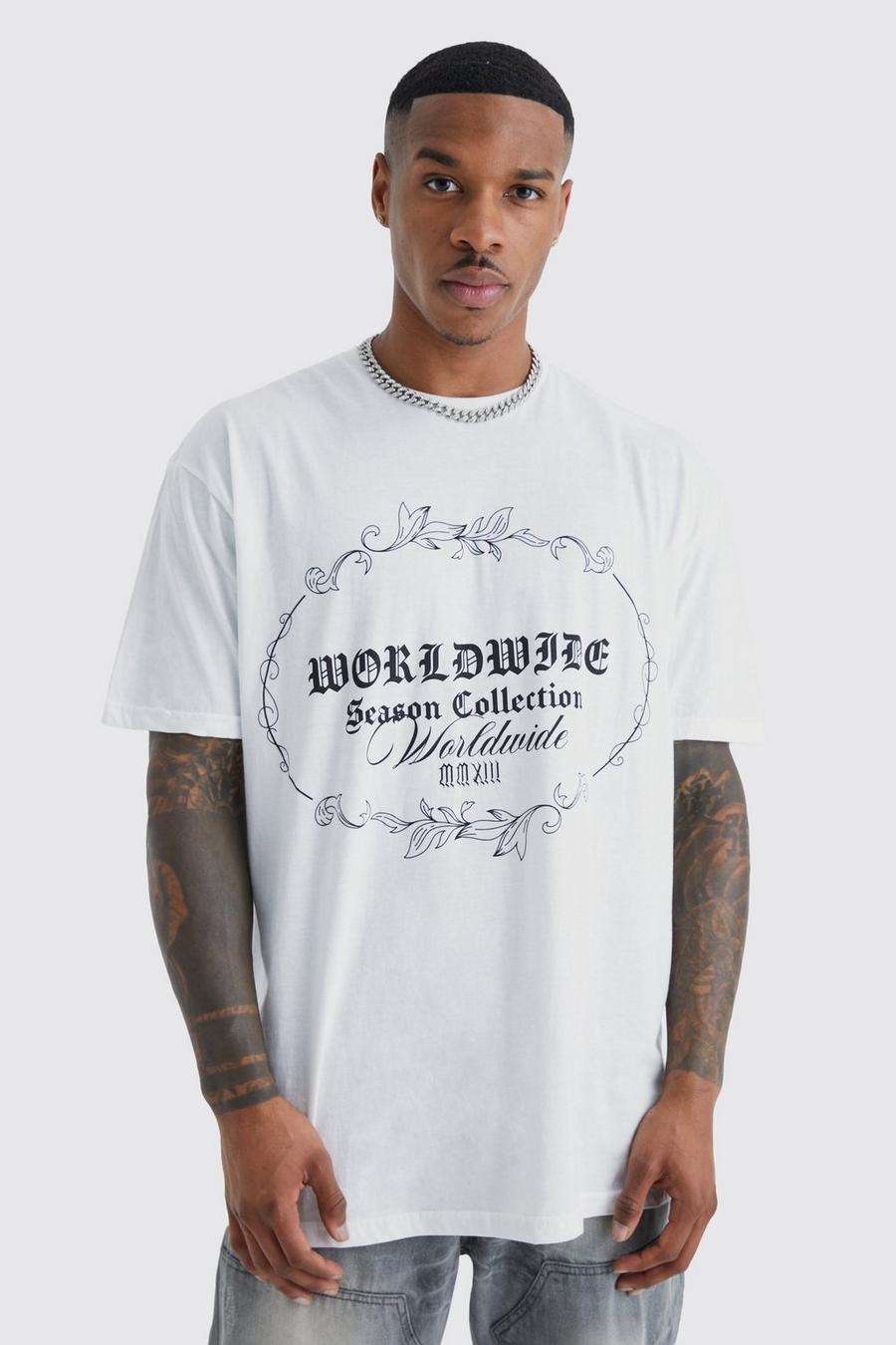White Worldwide Oversize t-shirt med grafiskt tryck image number 1