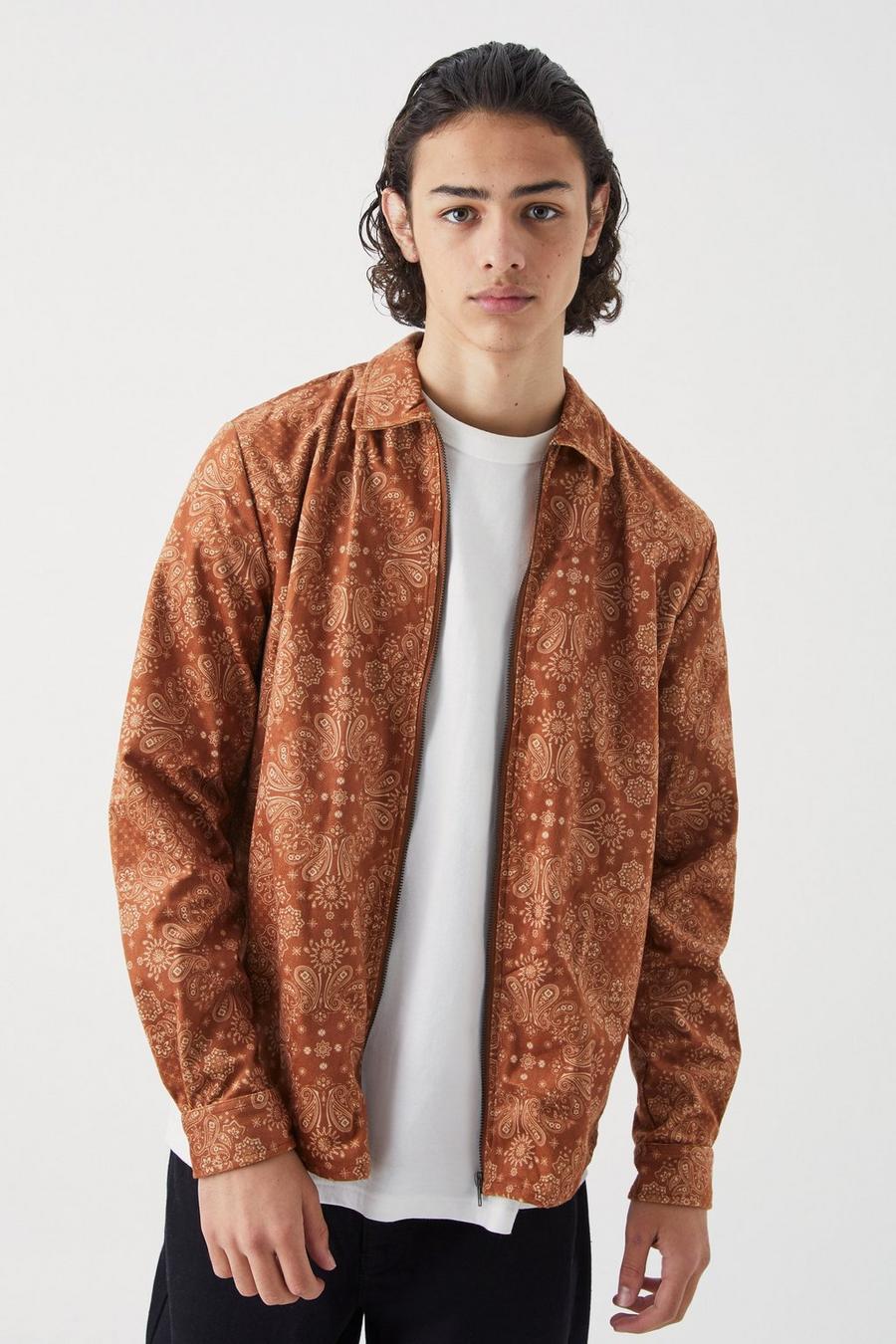 Tan brown Long Sleeve Zip Through Woven Bandana Overshirt 